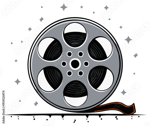 Vintage film reel with sparkling lights representing cinema and movie production