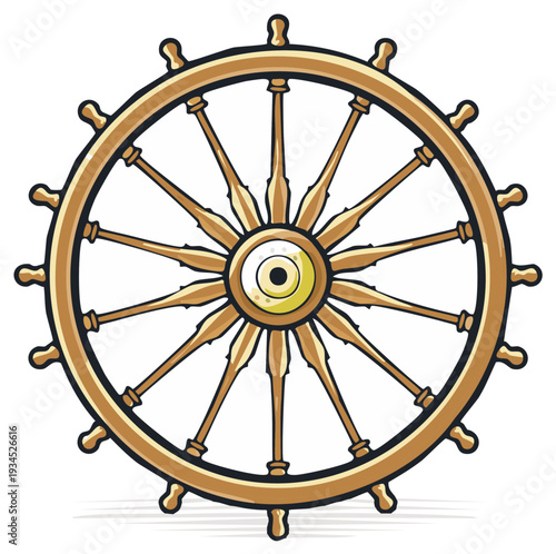 Illustration of a detailed wooden ship's wheel