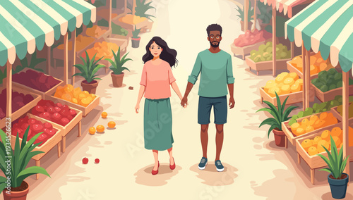 A charming, illustrative view of a market stall overflowing with ripe tomatoes and citrus fruits. Perfect for conveying freshness, local sourcing, or 