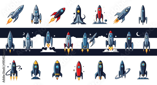 Diverse collection of vibrant, retro-futuristic cartoon rockets, each launching with fiery exhaust, set against cosmic backdrops and on launch pads, evoking adventure.
