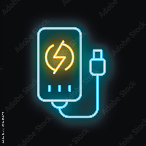 Neon power bank icon glowing on dark background depicting portable charger for electronic devices