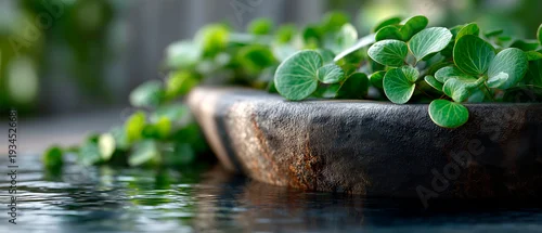 Obraz  z motywem Green leafy plant in stone bowl with water creating calm zen garden atmosphere