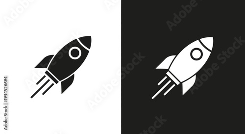 Sleek, minimalist vector art depicting a bold black rocket ship blasting off with fiery exhaust against a stark white background and a reverse white silhouette on black.