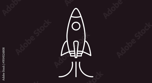Minimalist white line art depiction of a stylized rocket ship ascending vertically with fiery exhaust trails against a stark, dark background, symbolizing space exploration and innovation.