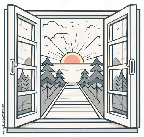 Open Window With Sunrise Over Mountains and Trees