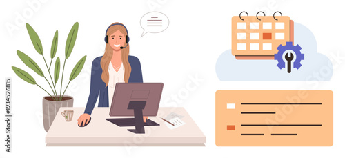 Customer service, task management, productivity, remote work, scheduling, organization. Professional woman wearing a headset at a desk with a computer, calendar and task list. Customer service
