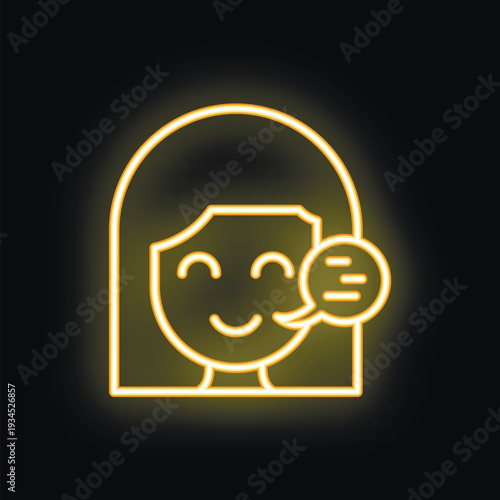 Neon glowing yellow icon of a woman face talking with chat bubble on black background