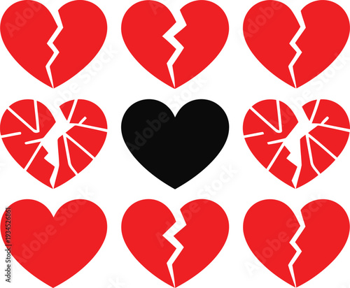 A central heart surrounded by broken hearts symbolizing love and loss. Vector