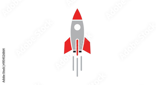 Retro stylized minimalist rocket ship blasting off with bright red fins and nosecone, ascending against a clean white background with exhaust trails.