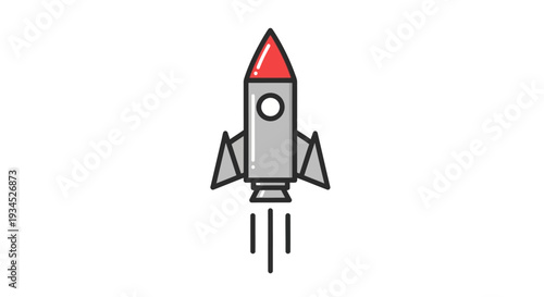 Minimalist graphic of a retro-style grey rocket with a red tip blasting off, emitting streaks of smoke against a clean white background, symbolizing launch and upward motion.
