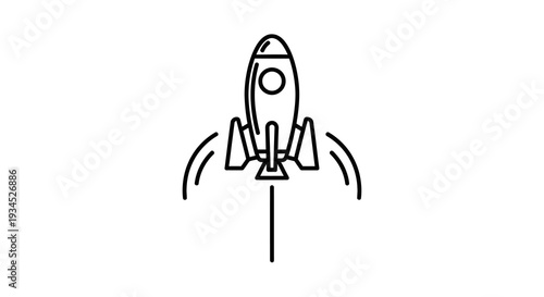 Minimalist Line Art Icon of a Stylized Rocket Ship Ascending with Trails of Smoke and Motion Lines, Conveying Speed and Space Exploration on a White Background