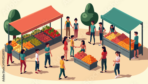 A vibrant illustration of a market stall brimming with colorful fruits. Perfect for depicting local sourcing, healthy eating, or a bustling community 