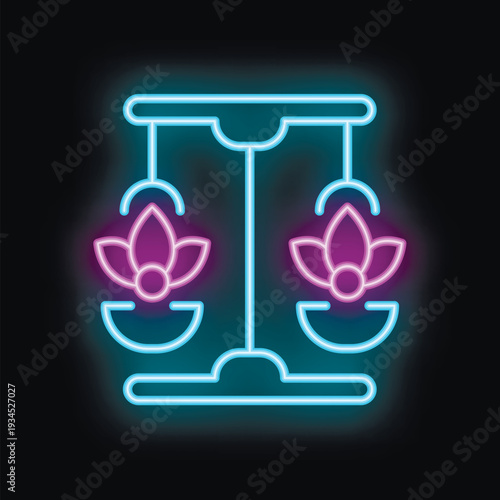 Neon sign representing karma with lotus flower symbol on scale for harmony and balance, perfect for illustrating spirituality and well being