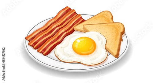 A vector graphic illustration of a delicious breakfast plate with bacon, egg, and toast