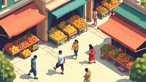 A vibrant illustration of a fruit and vegetable market stall. Ideal for concepts of healthy eating, local sourcing, and fresh produce advertising, rad
