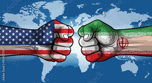 American and iranian flags on human fists facing each other against world map background representing international conflict and diplomatic tension between nations