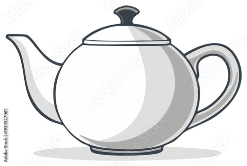 Cartoon illustration of a classic white teapot with a rounded shape and curved spout.