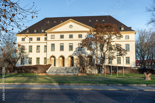 Front view of the Cultural Center at the Leuna chemical site, Germany. Large GDR-era building used for events, conferences, and public gatherings.