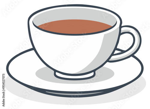 White ceramic cup filled with warm brown beverage on a matching saucer