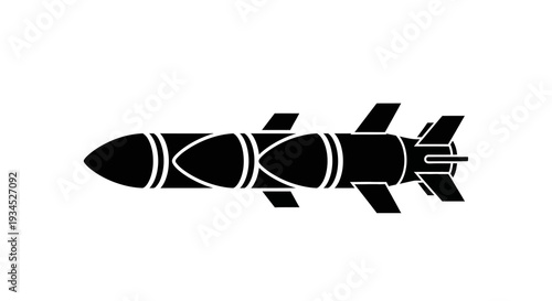 Iconic Silhouette of a Sleek, Modern Missile with Aerodynamic Fins in a Clean, Vector Art Style, Isolated on a Crisp White Background for Graphic Design.