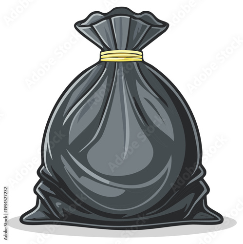 Cartoon illustration of a black garbage bag tied with a gold ribbon