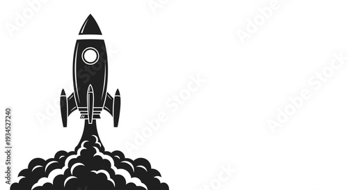 Retro-style rocket ship blasting off into the sky with billowing smoke and flames, representing space exploration and adventure, minimalist design.