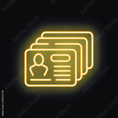 Yellow neon icon of multiple id cards glowing on a dark background, representing user profile data