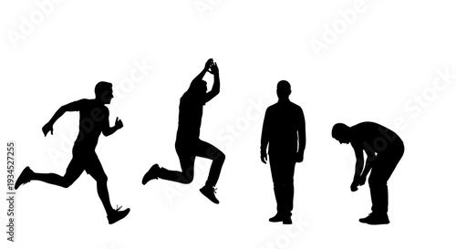 Dynamic Silhouettes of Male Figures in Various Poses Running, Jumping, Standing Still, and Bending Over, Isolated on a White Background.