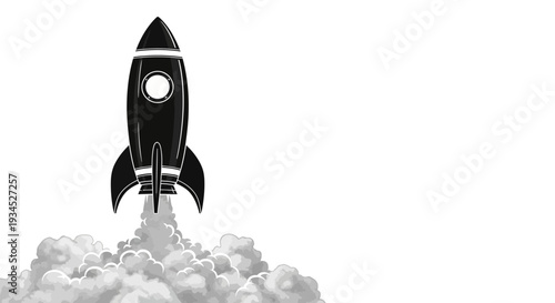 Stylized black and white graphic depiction of a vintage rocket ship ascending into the sky, emitting a powerful cloud of smoke and steam, symbolizing launch, space travel, and innovation.