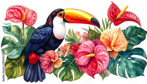A vibrant tropical illustration showcases a toucan amidst lush flora, including anthuriums, leaves, and other colorful blossoms