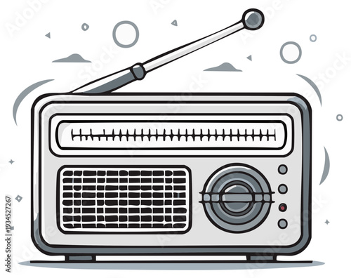Retro radio illustration with antenna for music or broadcasting program concept in the digital age, with stylized cloud and star details