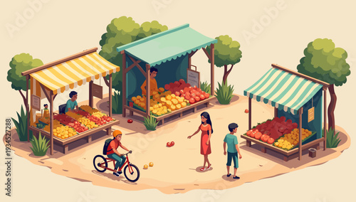 A charming illustration of a fruit and vegetable stand evokes a sense of local commerce and healthy living. Ideal for lifestyle blogs or food-related 