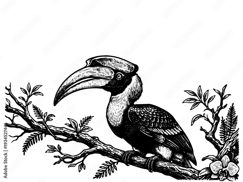 Obraz premium Hornbill Tropical Perch Engraving