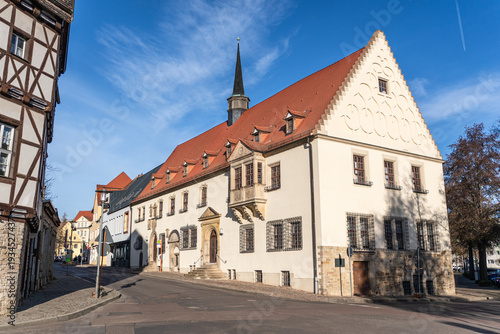 Side view of the Old Town Hall in Merseburg, Germany. Historic building with traditional architecture and detailed facade.