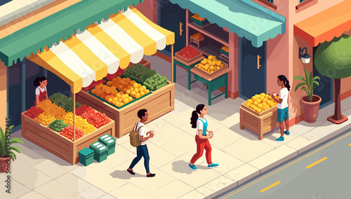 A bright, illustration of a woman working at a fruit and vegetable stall. Ideal for concepts like local business, healthy eating, or community markets