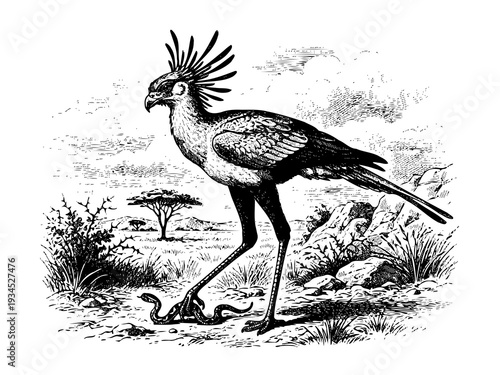 Secretary Bird Hunting Pose Engraving