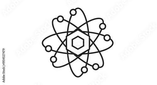 Abstract scientific atomic structure diagram with orbiting electrons around a hexagonal nucleus in minimalist line art style, symbolizing science, chemistry, and innovation