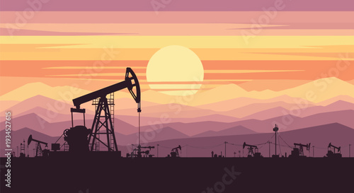Vast oil field landscape with multiple pump jacks operating during golden sunset over desert mountains representing industrial energy extraction and petroleum
