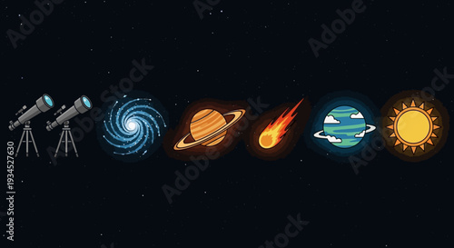 Vibrant cosmic journey of two telescopes observing a swirling galaxy, ringed planet, fiery comet, cloudy world, and glowing sun against a starry expanse.