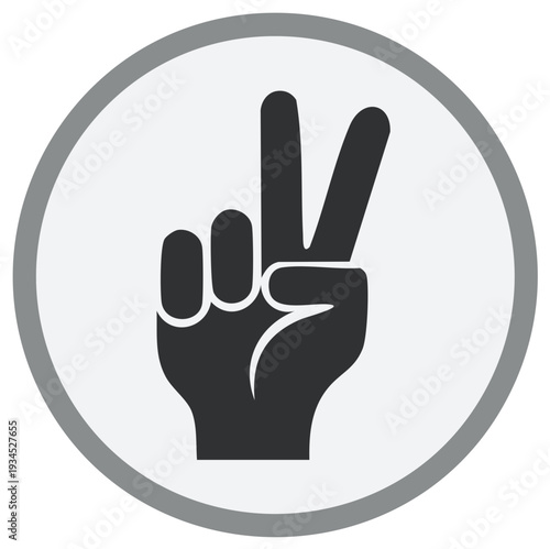 Black silhouette of a hand making the peace sign against a white circular background with a gray border