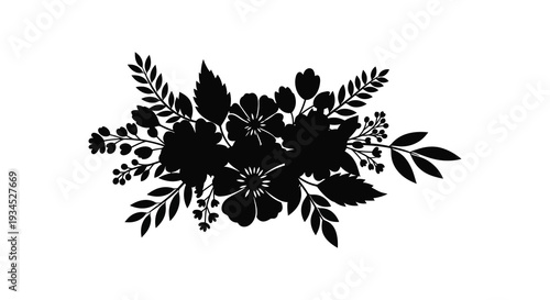 A detailed botanical arrangement of flowers and leaves is depicted in a stark black silhouette high quality professional