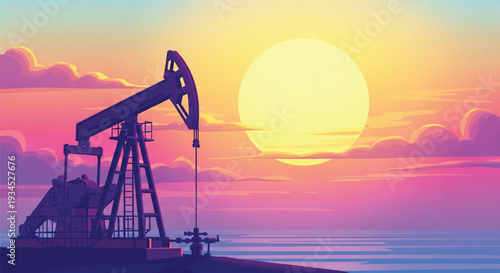 Oil pump jack silhouette against vibrant sunset over ocean representing offshore energy production and fuel industry resources in coastal waters during evening