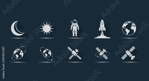 Vector Icons Depicting Celestial Bodies, Astronaut, Rocket Launch, and Satellites in a Dark Blue Space Setting with Subtle Shadow Effects, Modern Design.