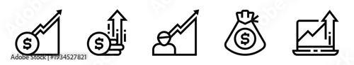 Conjunto de iconos de crecimiento financiero y rentabilidad. Inversión estratégica, aumento de ingresos, rendimiento económico, éxito empresarial, desarrollo monetario. Ilustración vectorial lineal