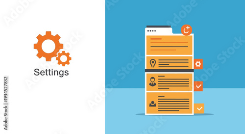 Modern flat design of a user profile settings interface with gears icon and data fields in orange and blue, representing digital configuration and personal account management