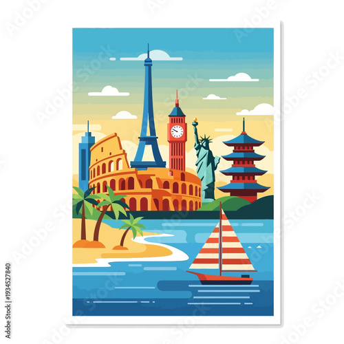 Famous Landmarks Collage: Eiffel Tower, Colosseum, Statue of Liberty, Big Ben, Pagoda