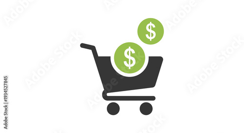 Abstract minimalist graphic depicting a shopping cart filled with green circles featuring dollar signs, symbolizing commerce, purchases, and financial transactions in a clean, modern style.