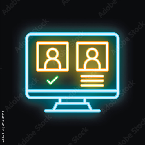 Neon icon of a computer screen displaying an online voting system with two candidates, one selected with a green checkmark
