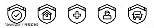 Conjunto de iconos de seguro. Protección integral, cobertura garantizada, resguardo patrimonial, seguridad personal, confianza aseguradora. Ilustración vectorial lineal