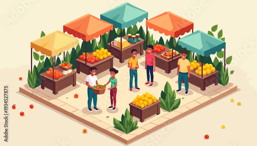 A cheerful, stylized illustration of a fruit stand, perfect for website graphics or food-related marketing materials. Its bright, simplistic aesthetic